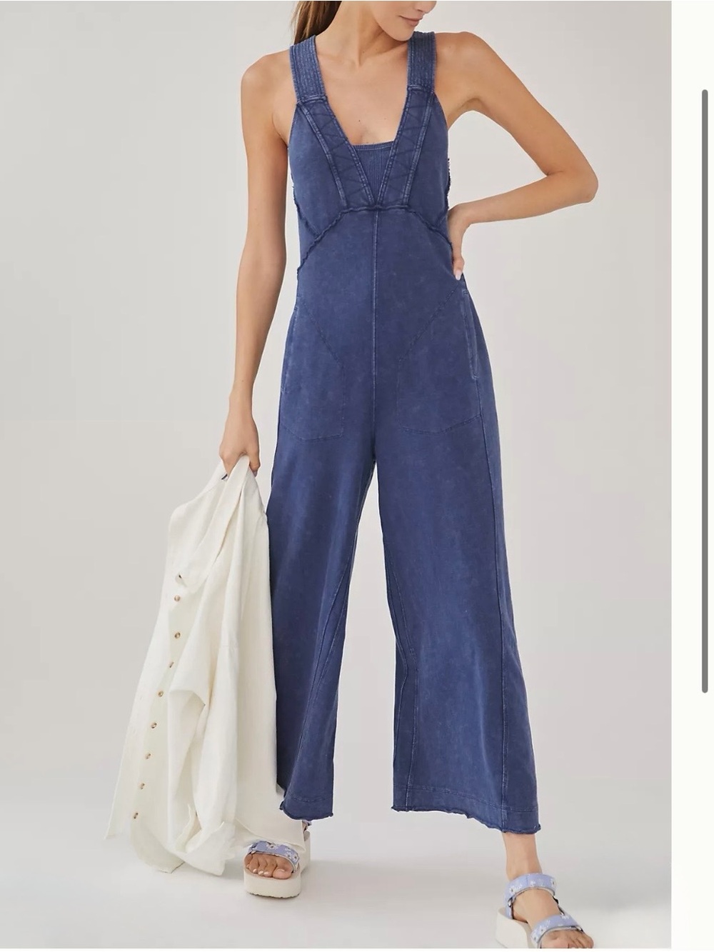 Daily Practice Anthropologie Palmra Wide Leg Jumpsuit Blue French Terry large